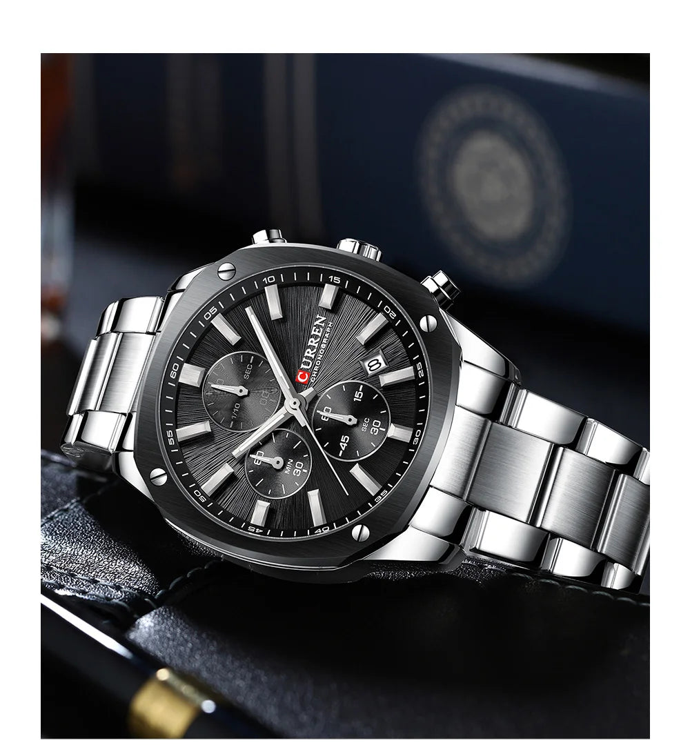 CURREN Modern Men's 42mm Sport Watch - Stainless Steel Band Chronograph & Date,Glow-in-the-Dark Hands, Casual Quartz Wristwatch
