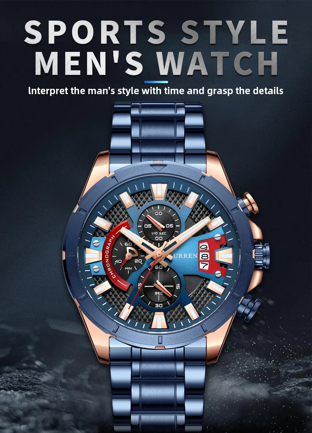 CURREN Sports Big Dial Men's Chronograph Watch with Matte Stainless Steel Band Luminous Hands Casual Quartz Wristwatch 8401