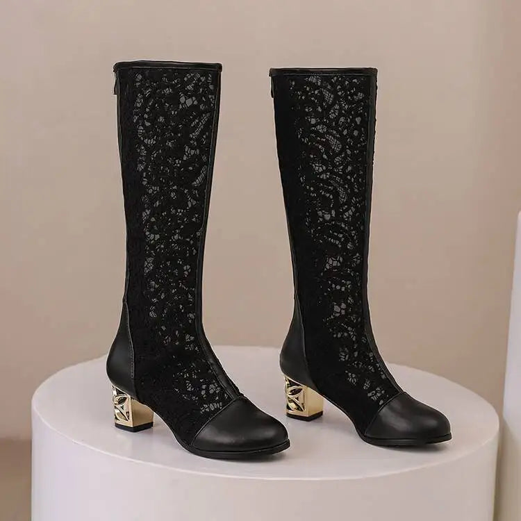 Spring and Autumn New Style Fashion square Heel Mesh Hollow Women's Boots Sweet Breathable knee high boots high 5.5cm size 34-47