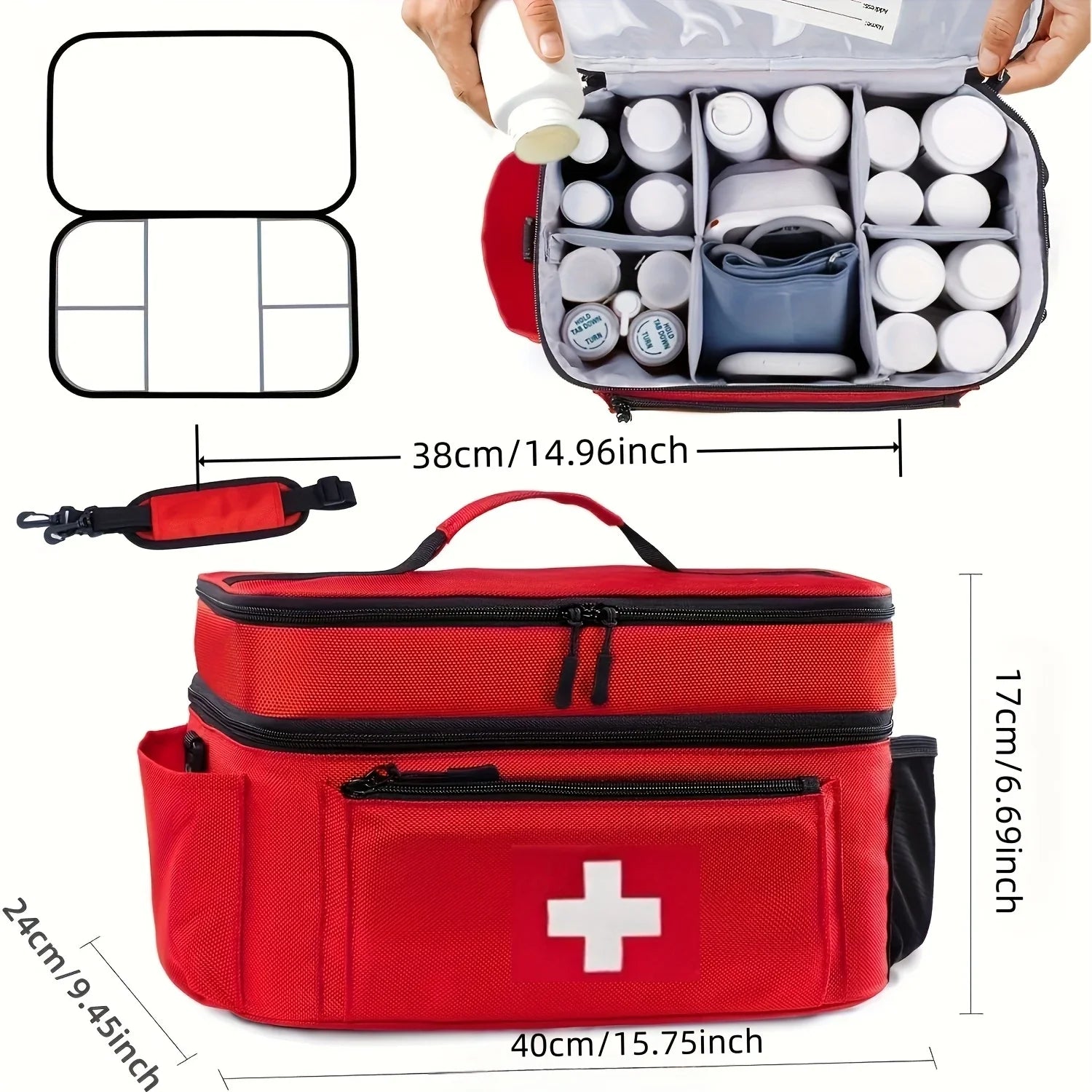 Double-layered Travel Medicine Storage Bag, Portable Emergency First Aid Kit, Large Capacity Front Pouch, Multiple Ways To Carry