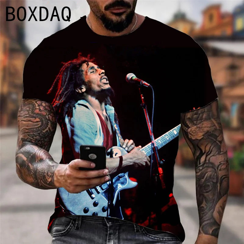 Oversized Men's T-shirt Cool Rock Bob Marley Print Tops Summer O-neck Short Sleeve Street Hip-hop Shirt Personality Men Clothing