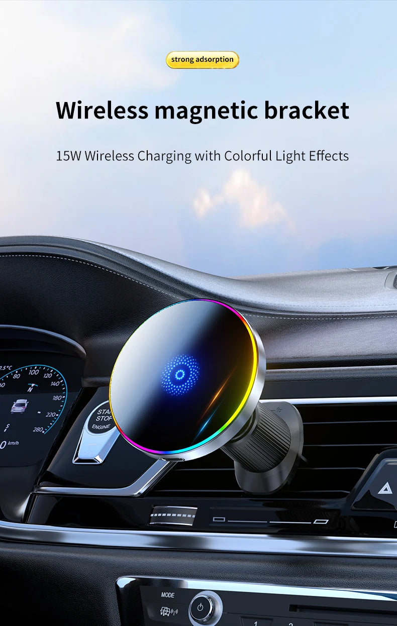 15W Magnetic Phone Holder Magnetic Wireless Car Charger Car Magnetic Mount RGB LED Lights Magsafe Charger Base Accessories Phone