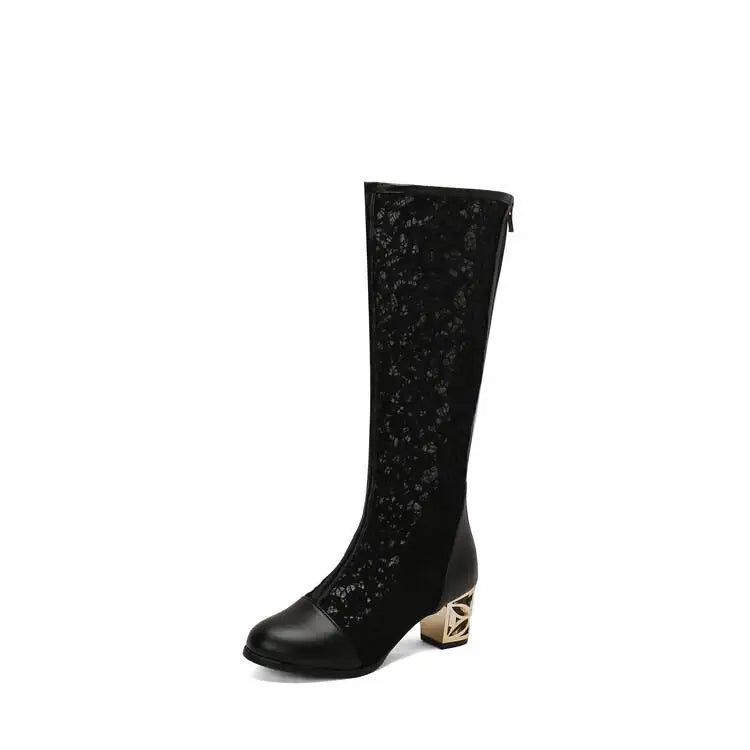Spring and Autumn New Style Fashion square Heel Mesh Hollow Women's Boots Sweet Breathable knee high boots high 5.5cm size 34-47