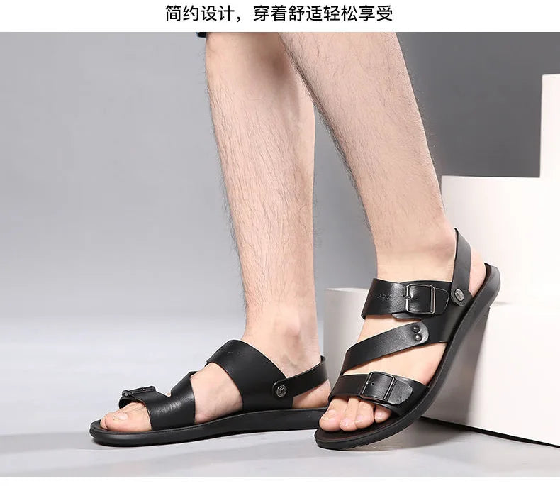 Fashion Sandals Male Solid Color PU Leather Men Shoes Summer Comfortable Open Toe Leather Mens Sandals Beach Leather Footwear