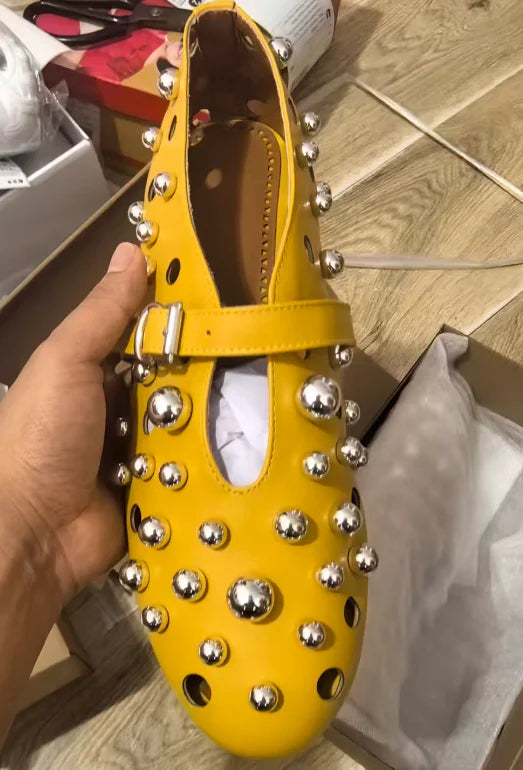 Luxury Black Pearl Round Head Buckle Ballet Sandals Summer Autumn Metal Hollow Commuting Casual Mary Jane Single Shoe Size 45