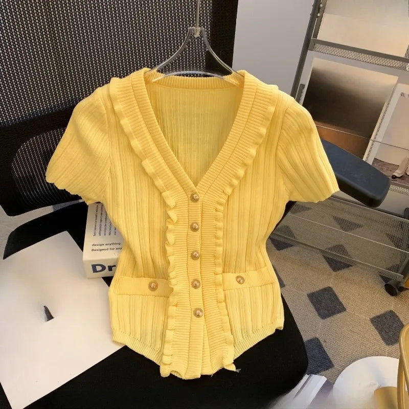 Elegant Ruffle Knit V-Neck T-Shirt