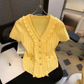 Elegant Ruffle Knit V-Neck T-Shirt