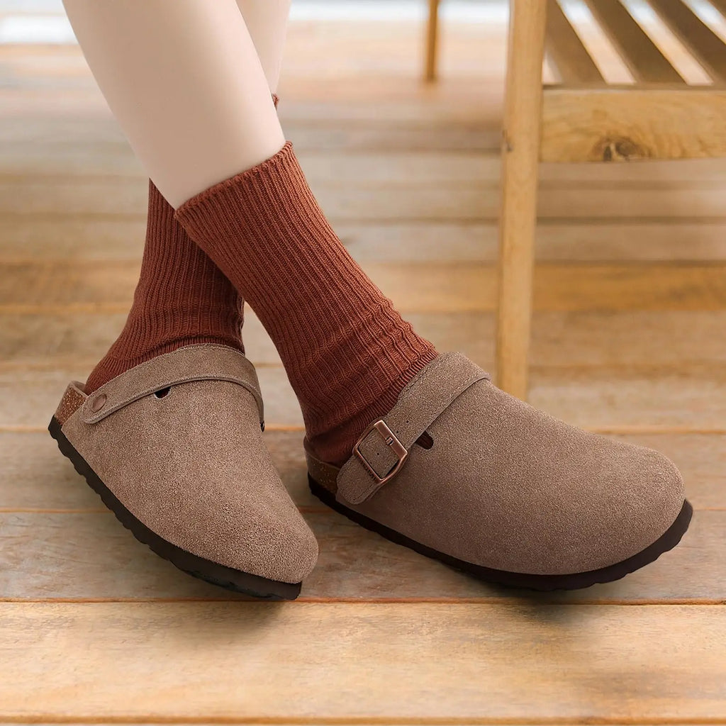 Litfun Suede Women's Clogs with Adjustable Strap Cork Footbed Leather Mules with Arch Support Unisex Outdoor Clogs Potato Shoes