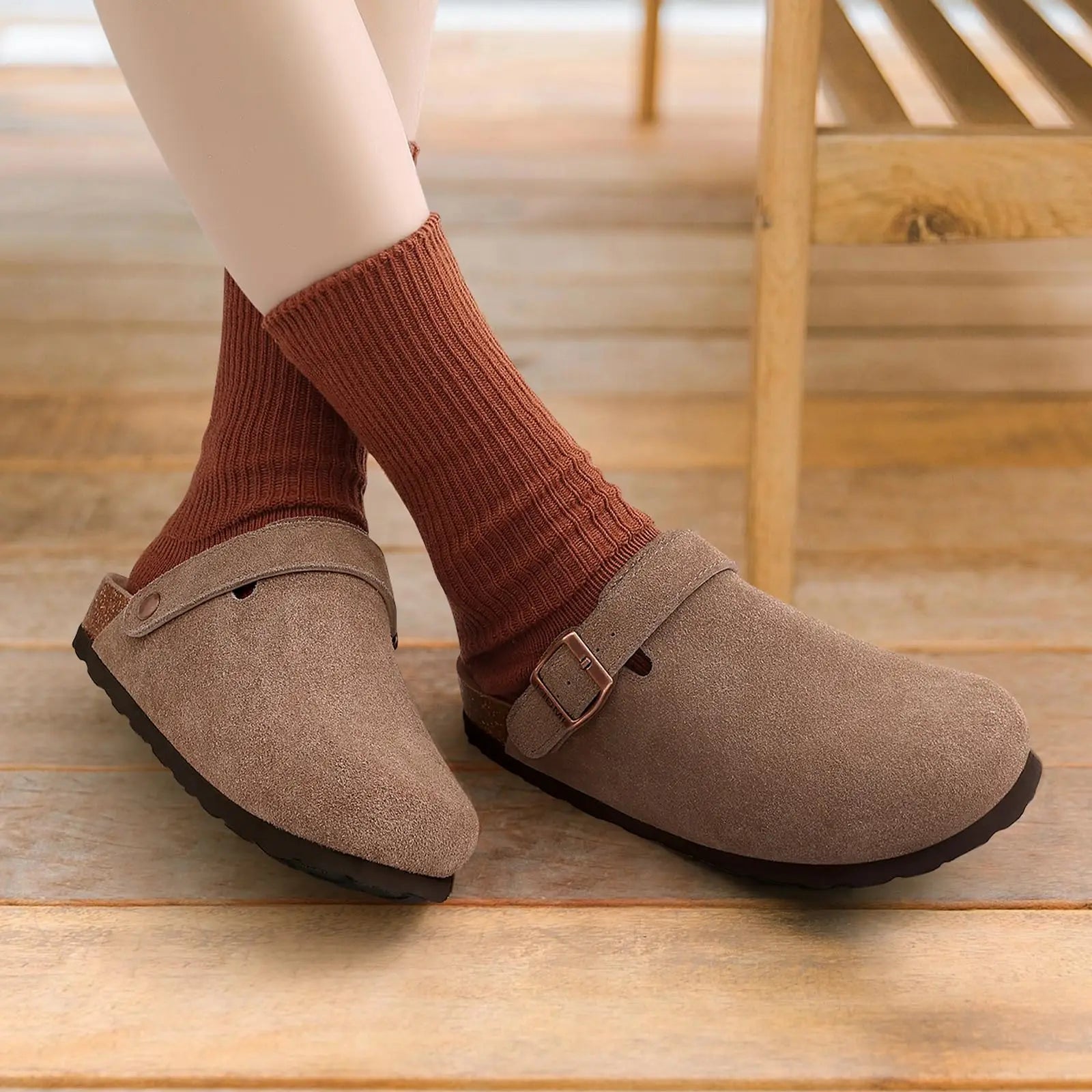 Litfun Suede Women's Clogs with Adjustable Strap Cork Footbed Leather Mules with Arch Support Unisex Outdoor Clogs Potato Shoes