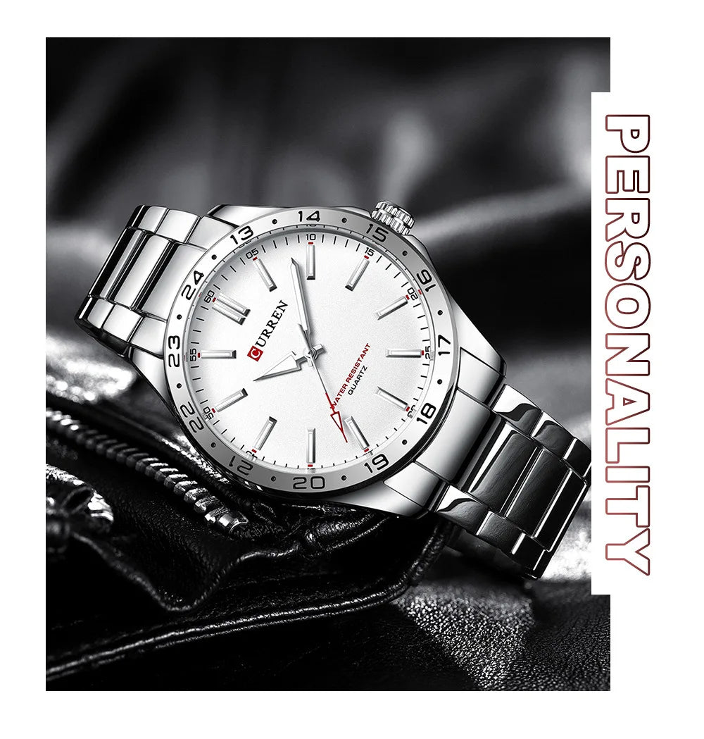 CURREN 8452 Men Quartz Watch Simple Fashion Leisure Business Clock Black Silvery Stainless Steel Strap Wristwatch for Male