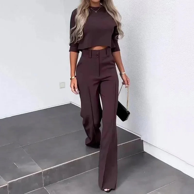 Modern Relaxed Two-Piece Suit – Casual Loose Fit O-Neck Top & Wide Leg Pants Set