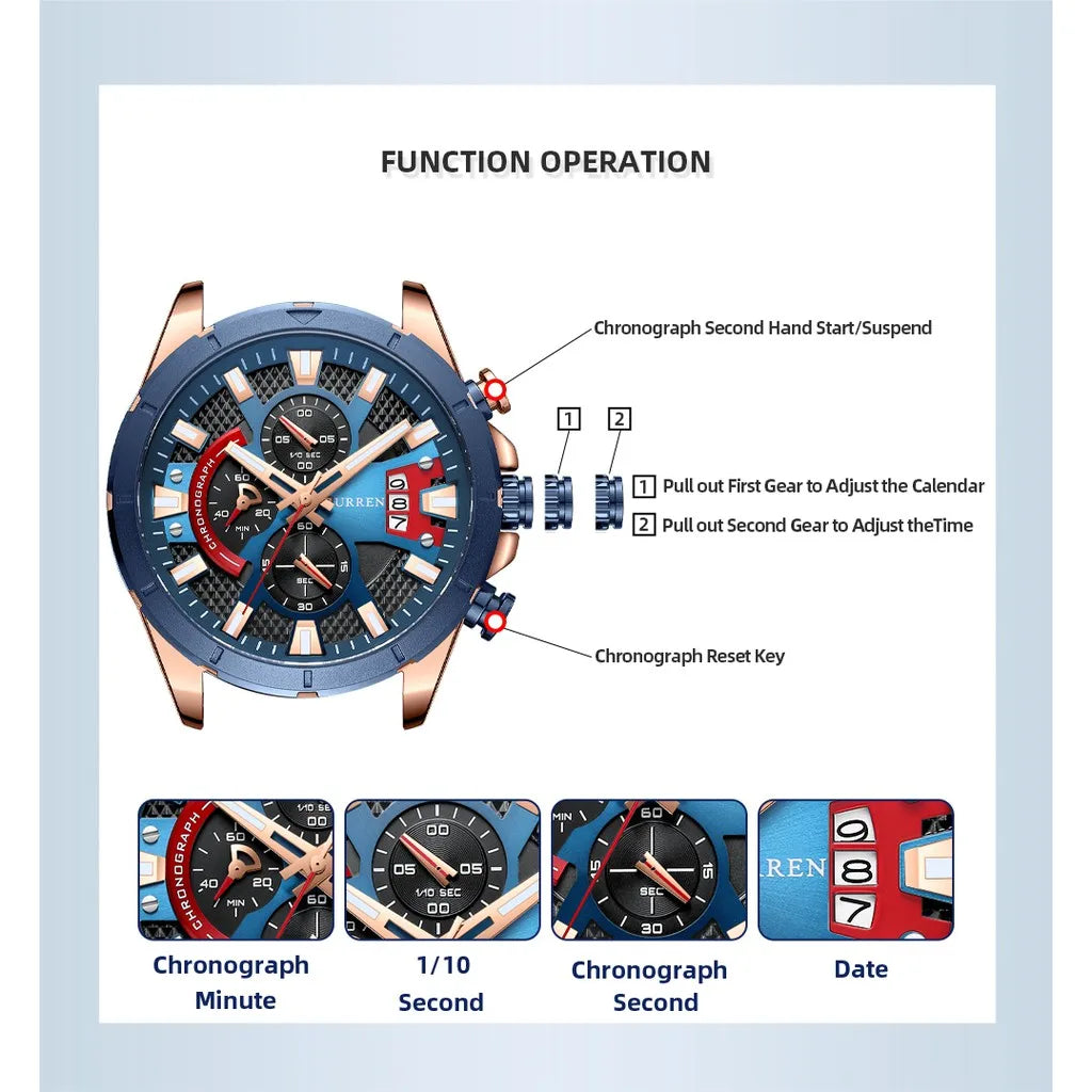 CURREN Sports Big Dial Men's Chronograph Watch with Matte Stainless Steel Band Luminous Hands Casual Quartz Wristwatch 8401
