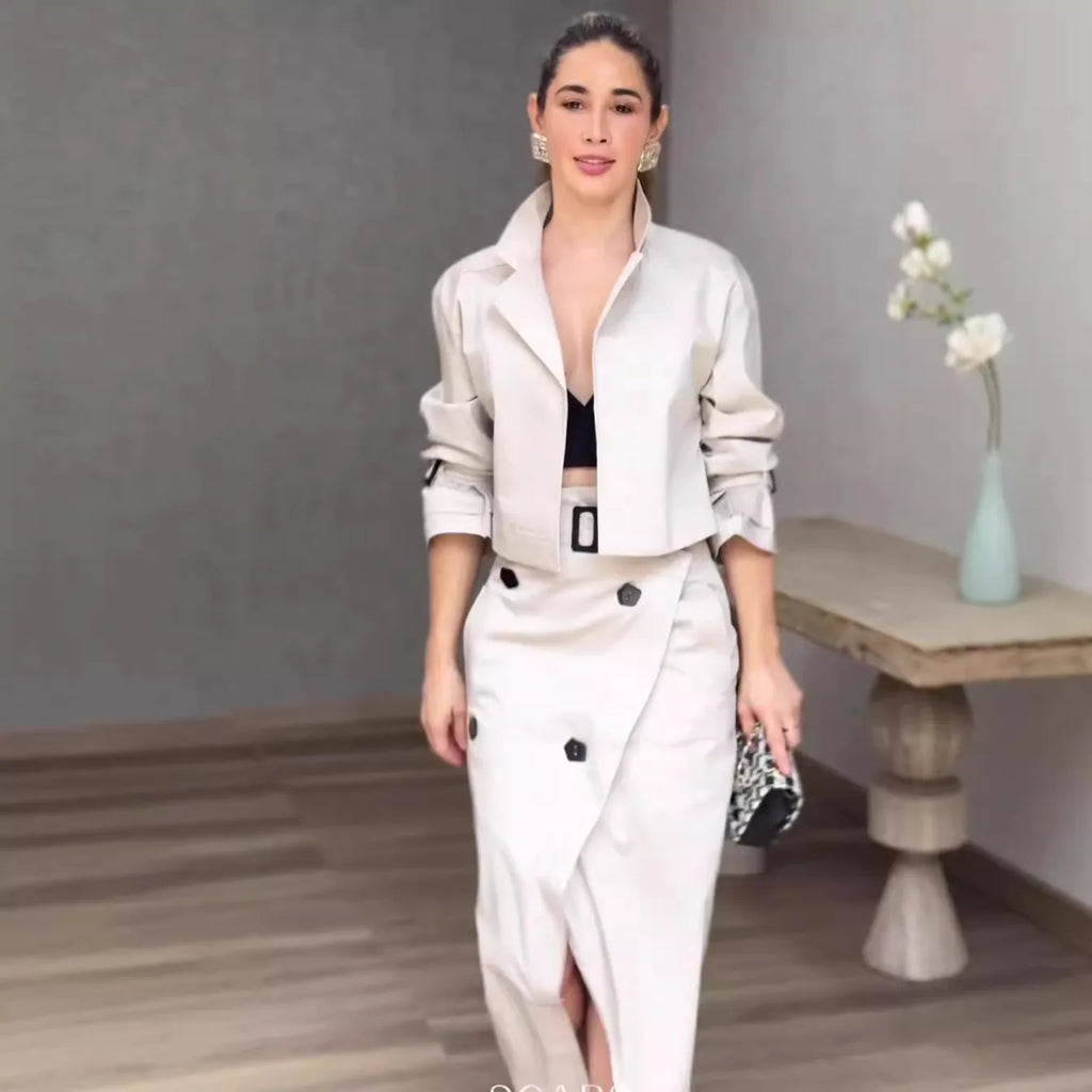 Luxe Urban Cargo Trench & Asymmetrical Skirt Set – Elegant Two-Piece Ensemble
