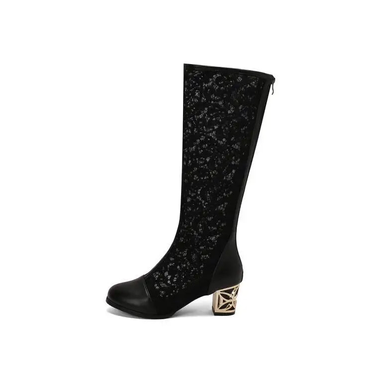 Spring and Autumn New Style Fashion square Heel Mesh Hollow Women's Boots Sweet Breathable knee high boots high 5.5cm size 34-47