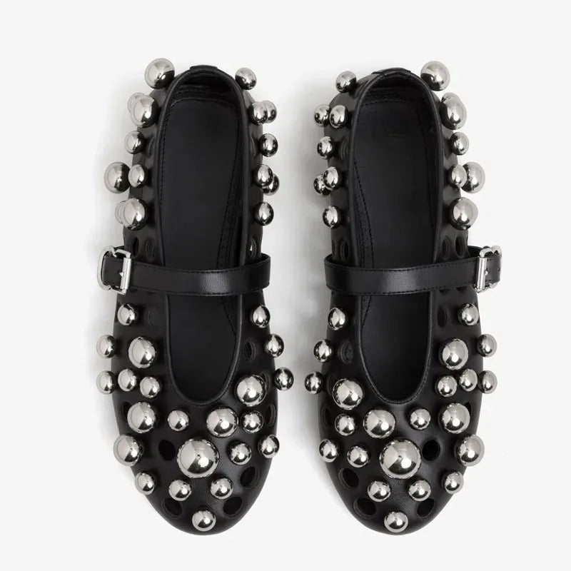 Luxury Black Pearl Round Head Buckle Ballet Sandals Summer Autumn Metal Hollow Commuting Casual Mary Jane Single Shoe Size 45