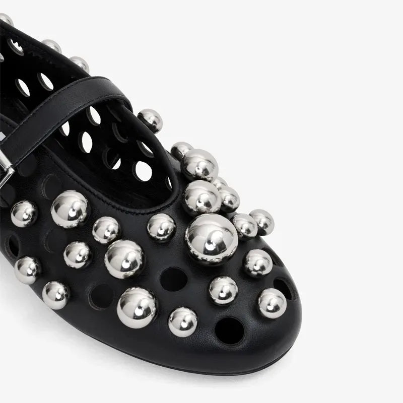 Luxury Black Pearl Round Head Buckle Ballet Sandals Summer Autumn Metal Hollow Commuting Casual Mary Jane Single Shoe Size 45