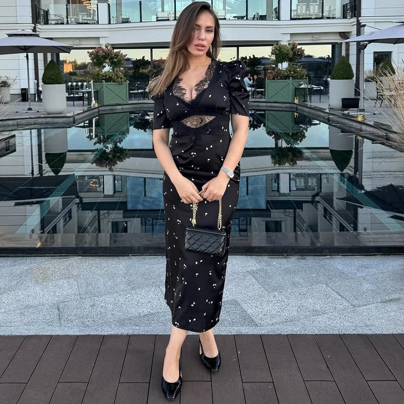 Sexy Hollow Lace Dress Women's Fashion Short Sleeve Elegant High Waist Slim Print Dress Summer Party Club Clothes Female 2026