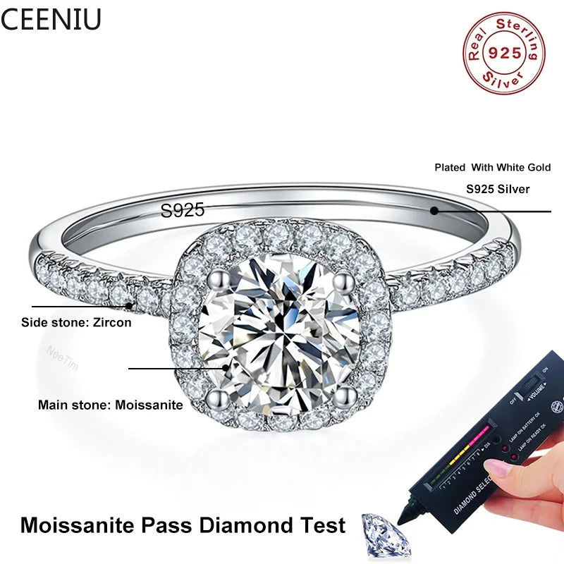Moissanite Ring 925 Sterling Silver with White Gold Plated Lab Diamond Rings for Women Wedding Band Jewelry Gifts