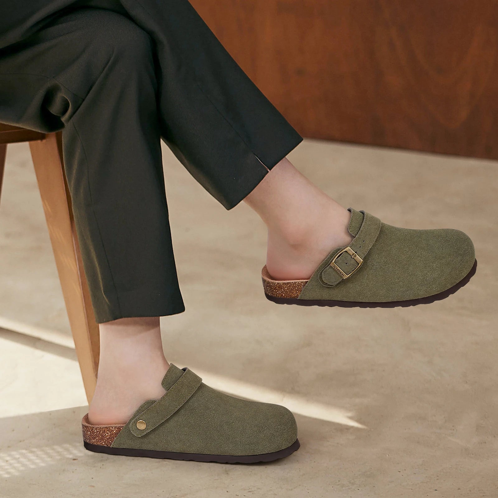Litfun Suede Women's Clogs with Adjustable Strap Cork Footbed Leather Mules with Arch Support Unisex Outdoor Clogs Potato Shoes