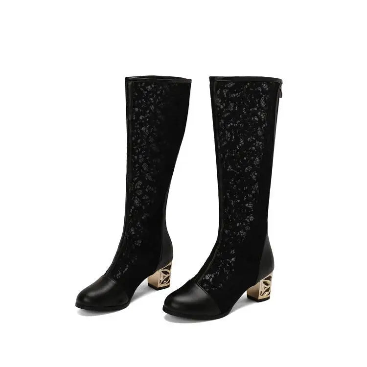 Spring and Autumn New Style Fashion square Heel Mesh Hollow Women's Boots Sweet Breathable knee high boots high 5.5cm size 34-47