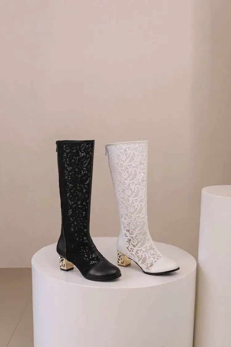 Spring and Autumn New Style Fashion square Heel Mesh Hollow Women's Boots Sweet Breathable knee high boots high 5.5cm size 34-47