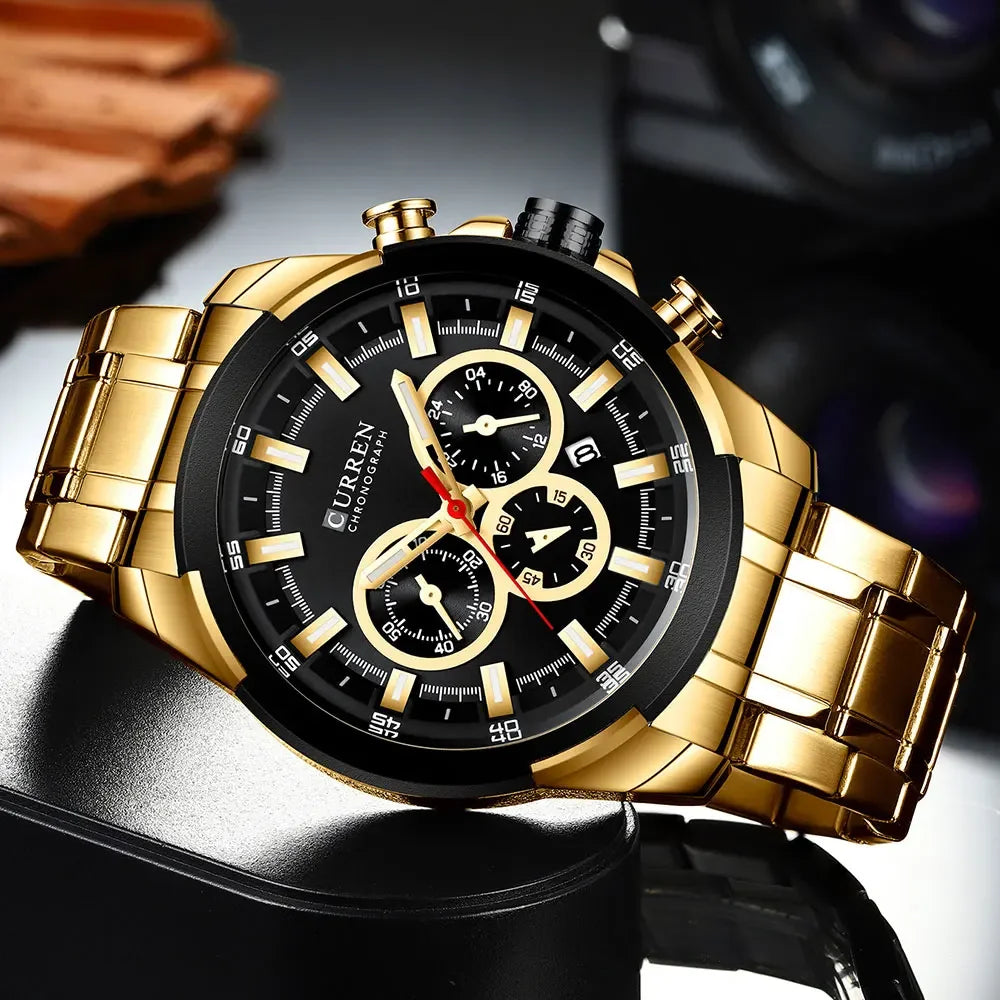 CURREN Men's Chronograph Watch 48mm Big Dial with Stainless Steel Band Triple Sub- Dials Luxury Quartz Sport Wristwatch