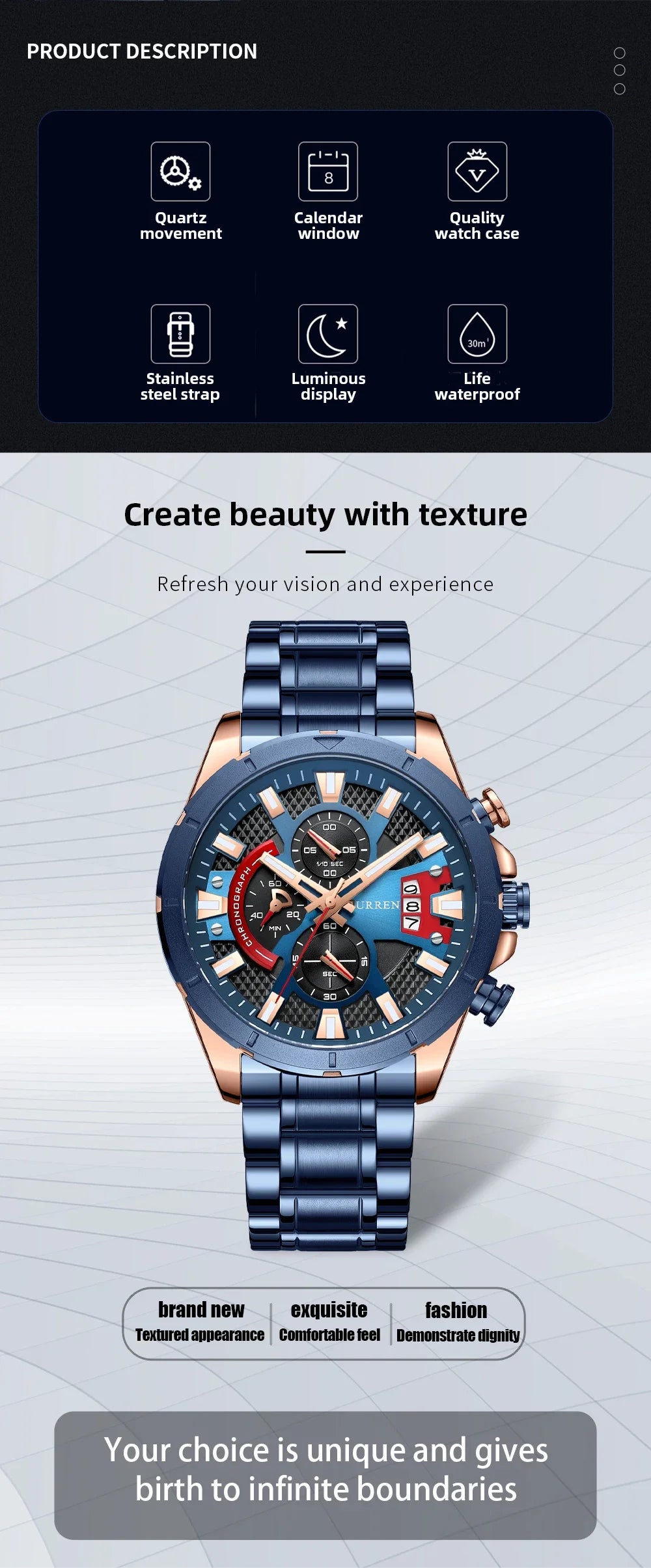 CURREN Sports Big Dial Men's Chronograph Watch with Matte Stainless Steel Band Luminous Hands Casual Quartz Wristwatch 8401
