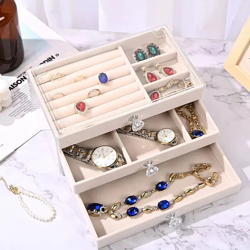 1PC Stackable 3 Layers Drawer Style Jewelry Box Beige Gray Desktop Storage Organizer for Earrings Rings Necklaces Bracelets