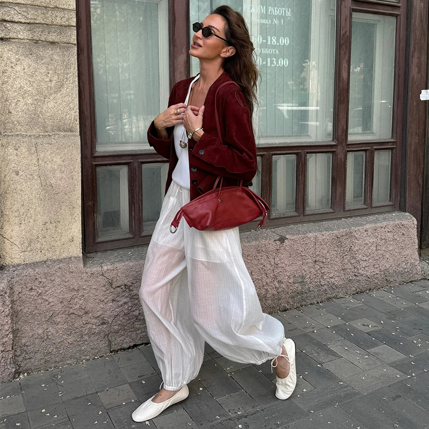 Linad Street Loose White Bloomers Pants Women Summer Elastic Waist Trousers Fashion Lace Up See Through Pants Female 2025 Sexy
