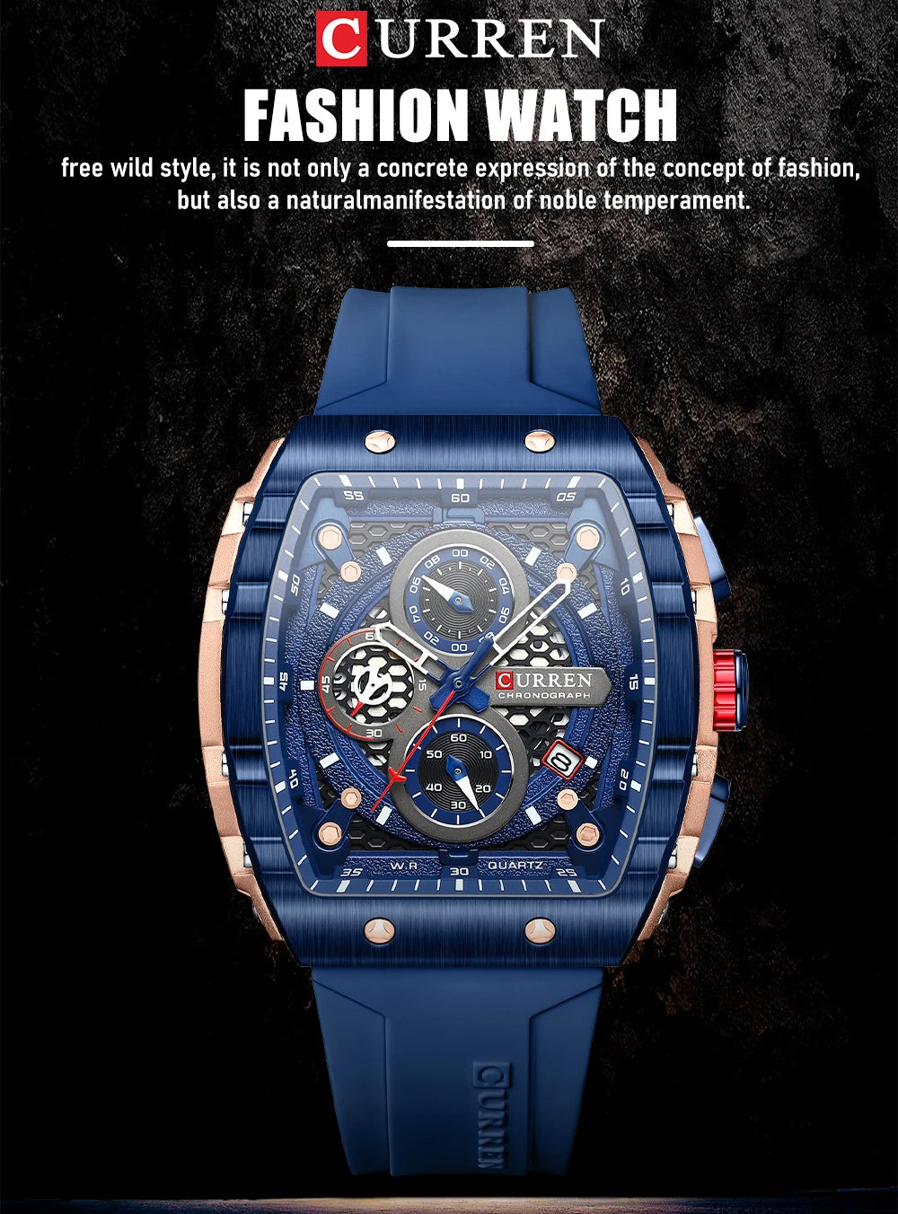 CURREN Fashion Sports Watches with Large Dial Unique RectangularHollow Design Quartz Wristwatches with Chrongraph Auto Date 8442
