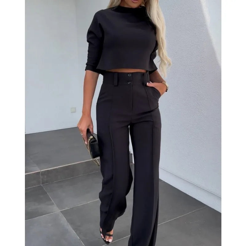Modern Relaxed Two-Piece Suit – Casual Loose Fit O-Neck Top & Wide Leg Pants Set