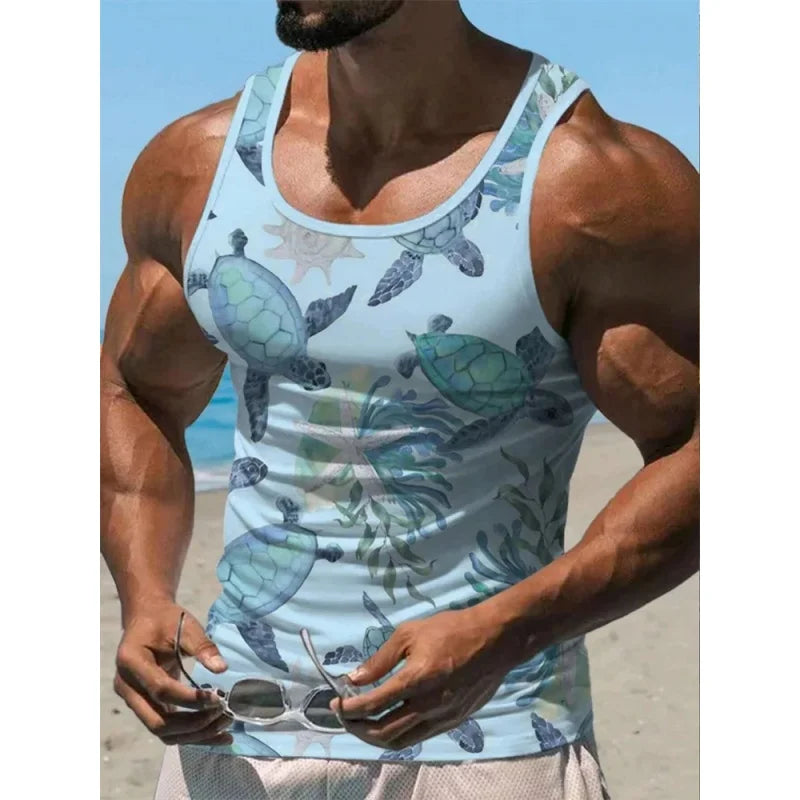 3D Printed Coconut Trees Tank Tops For Man Gradient Sea Fish Pattern Tees Summer Casual Vest Oversized Sports Street Tank Top
