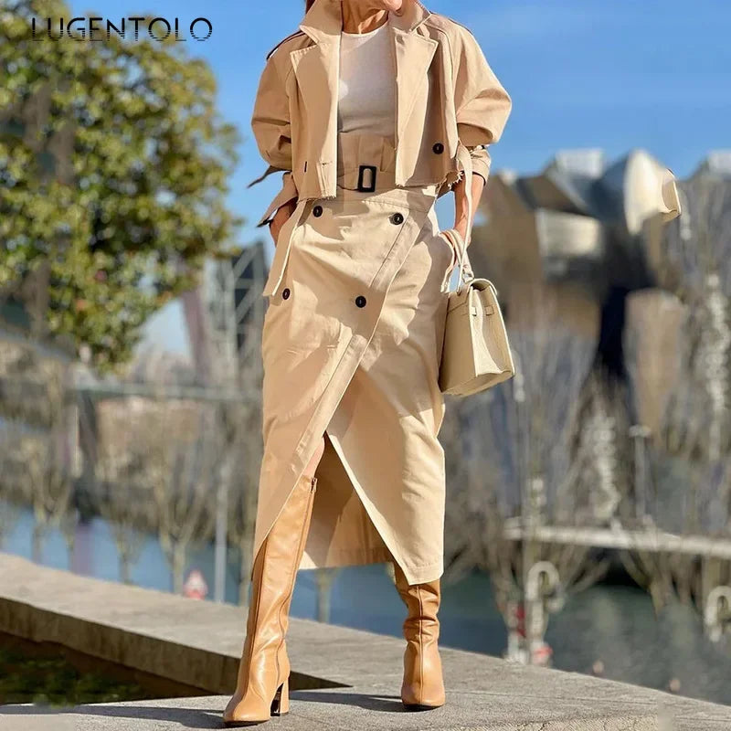 Luxe Urban Cargo Trench & Asymmetrical Skirt Set – Elegant Two-Piece Ensemble