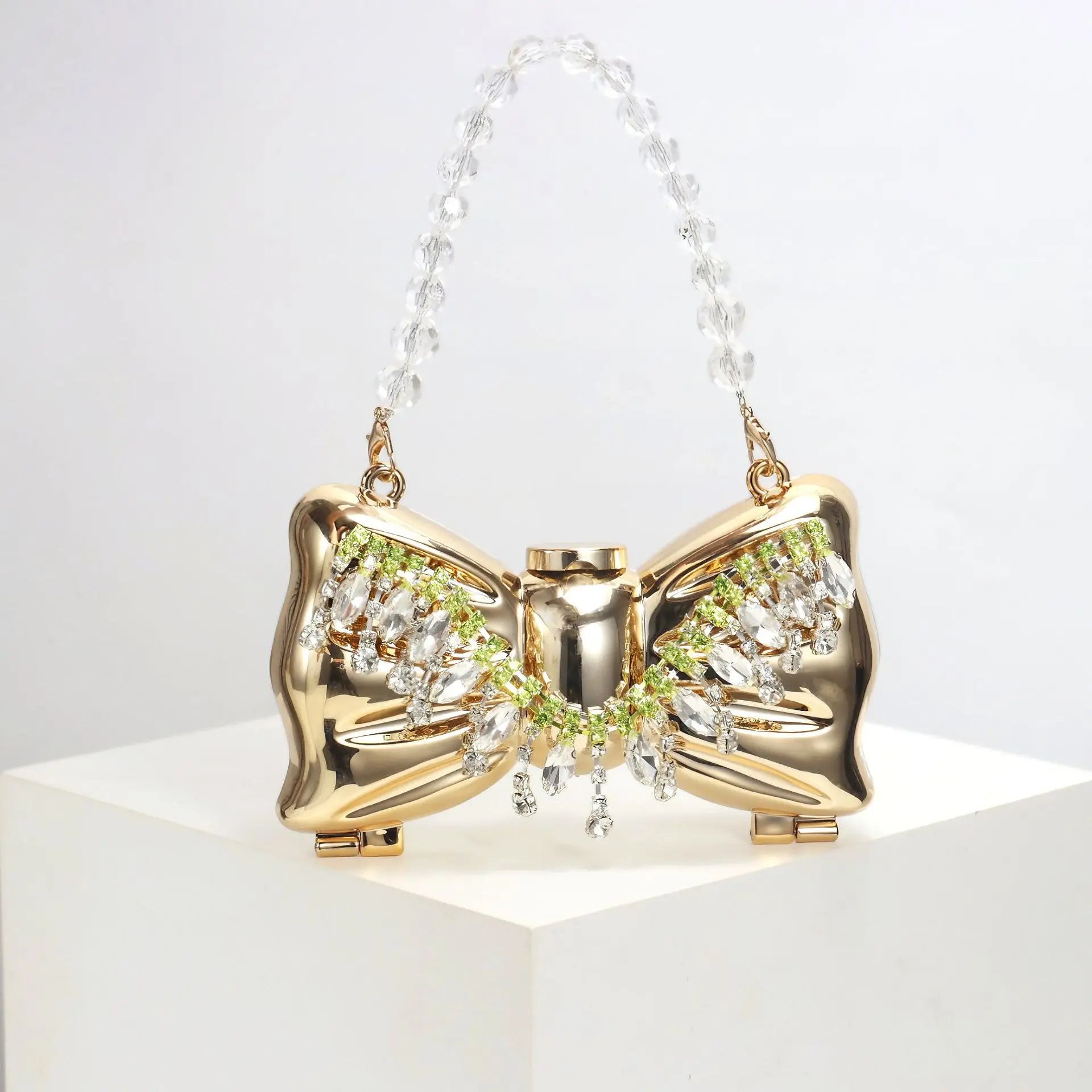 Luxury Mini Acrylic Bow Clutch – Metal Frame Crossbody Bag with European Chain Strap