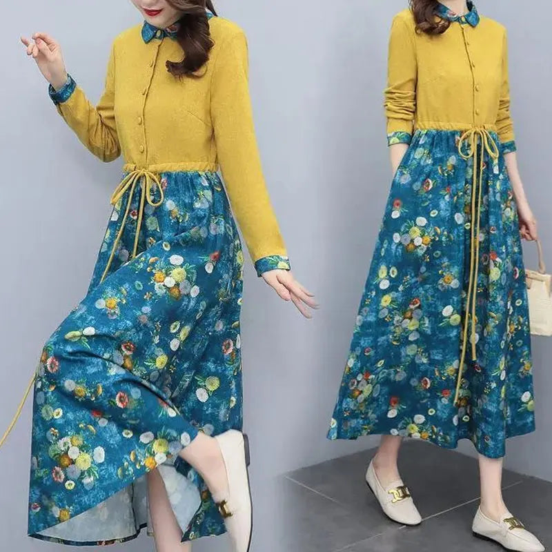 Elegant Printed Shirt Dress – Drawstring Waist Ankle-Length Dress for Women