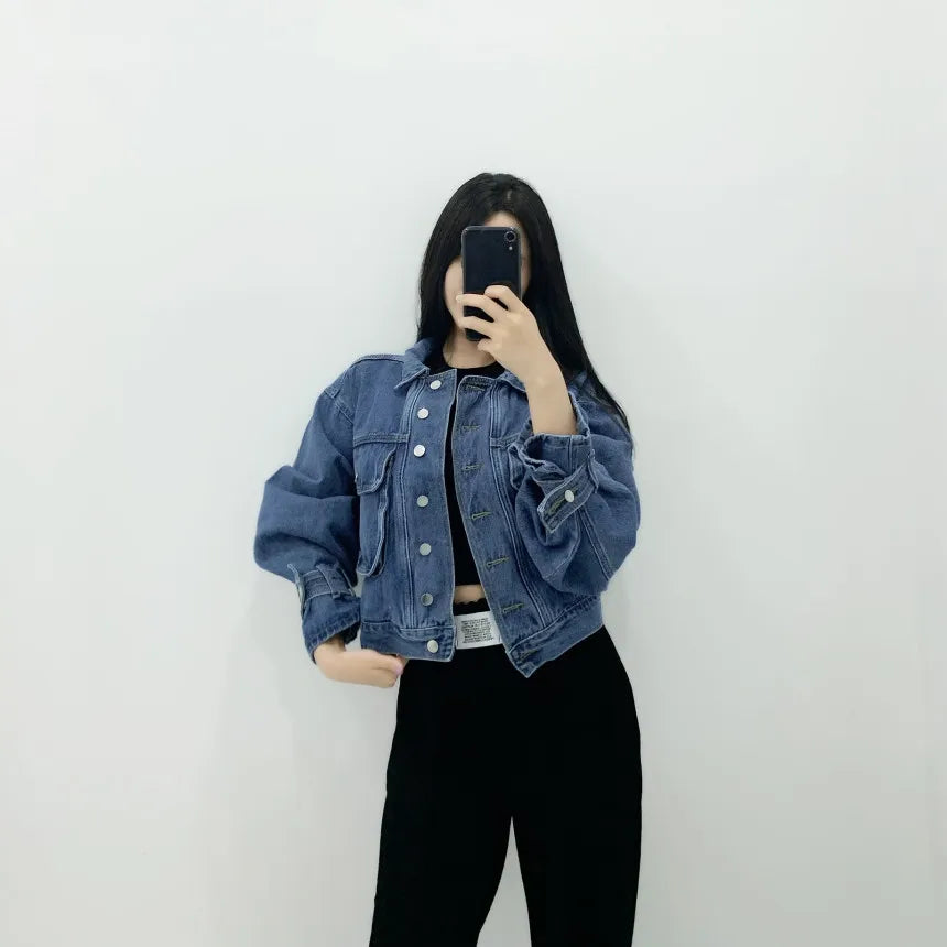 Women Denim Coat Short Jackets Turn Down Collar Full Sleeve Solid Casual Loose Single Breasted Coats Jacket Autumn Winter