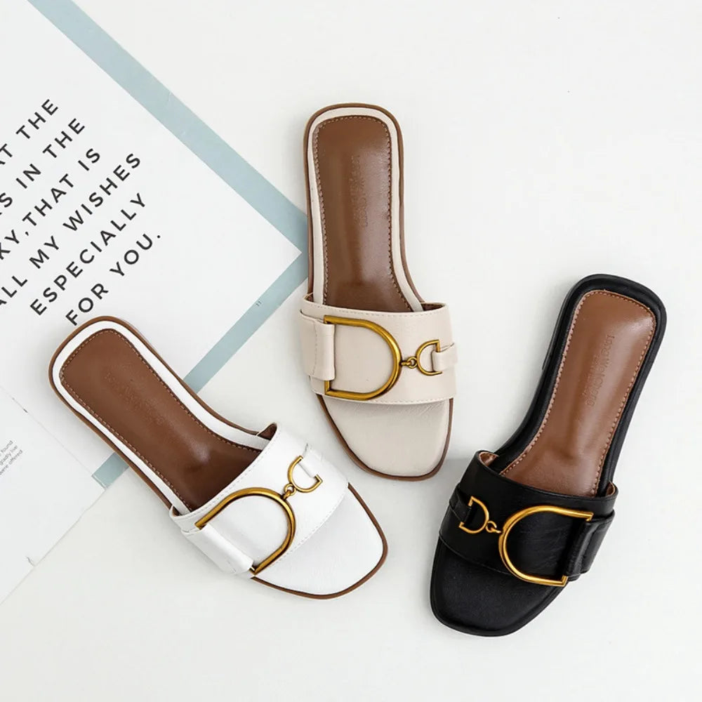 Women's Flat Slippers Summer Leather Square Toe Women Flats Flip Flops Designer Ladies Slides Sandals Women Shoes Luxury Sandals
