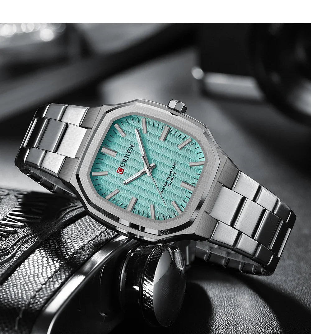 CURREN Luxury Business Square Quartz Watches  Classic Stripe Design Dial with Stainless Steel Band Wristwatch for Men