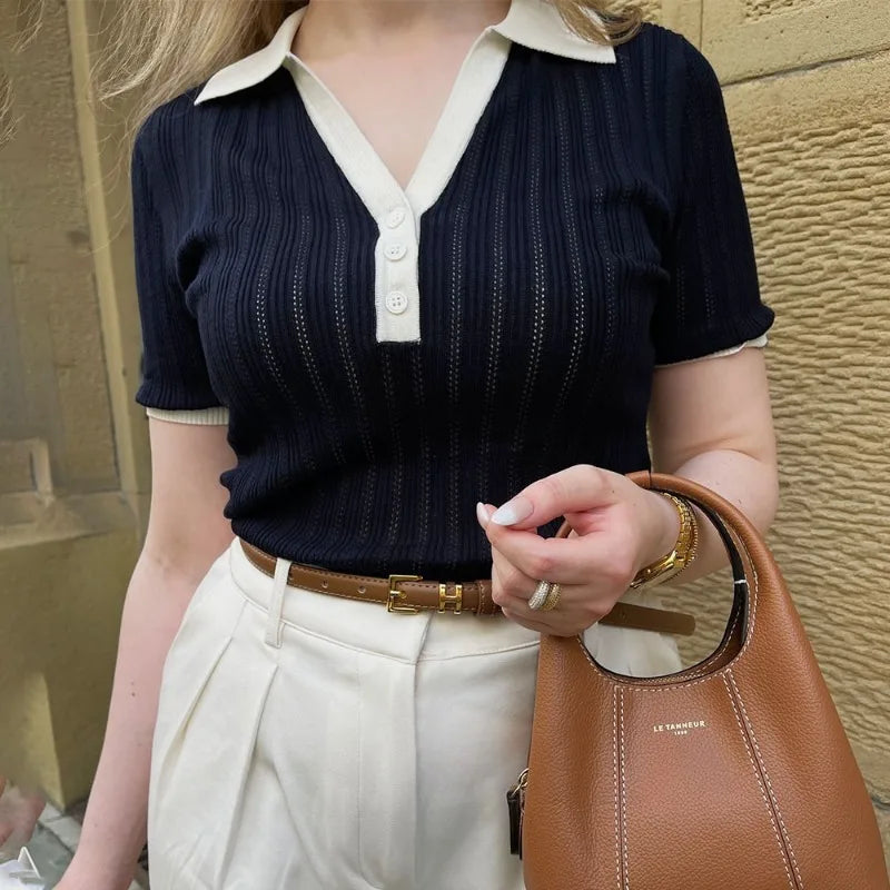 Talenza Elegant Patchwork Knitted Pullover Women's Fashion Lapel Contrast Color Sweater Casual Slim Fit Knitted Pullover T-Shirt