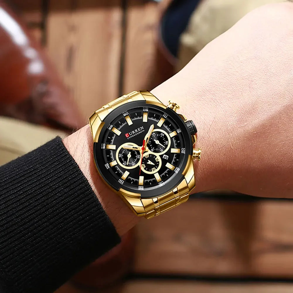 CURREN Men's Chronograph Watch 48mm Big Dial with Stainless Steel Band Triple Sub- Dials Luxury Quartz Sport Wristwatch