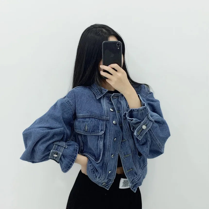 Women Denim Coat Short Jackets Turn Down Collar Full Sleeve Solid Casual Loose Single Breasted Coats Jacket Autumn Winter