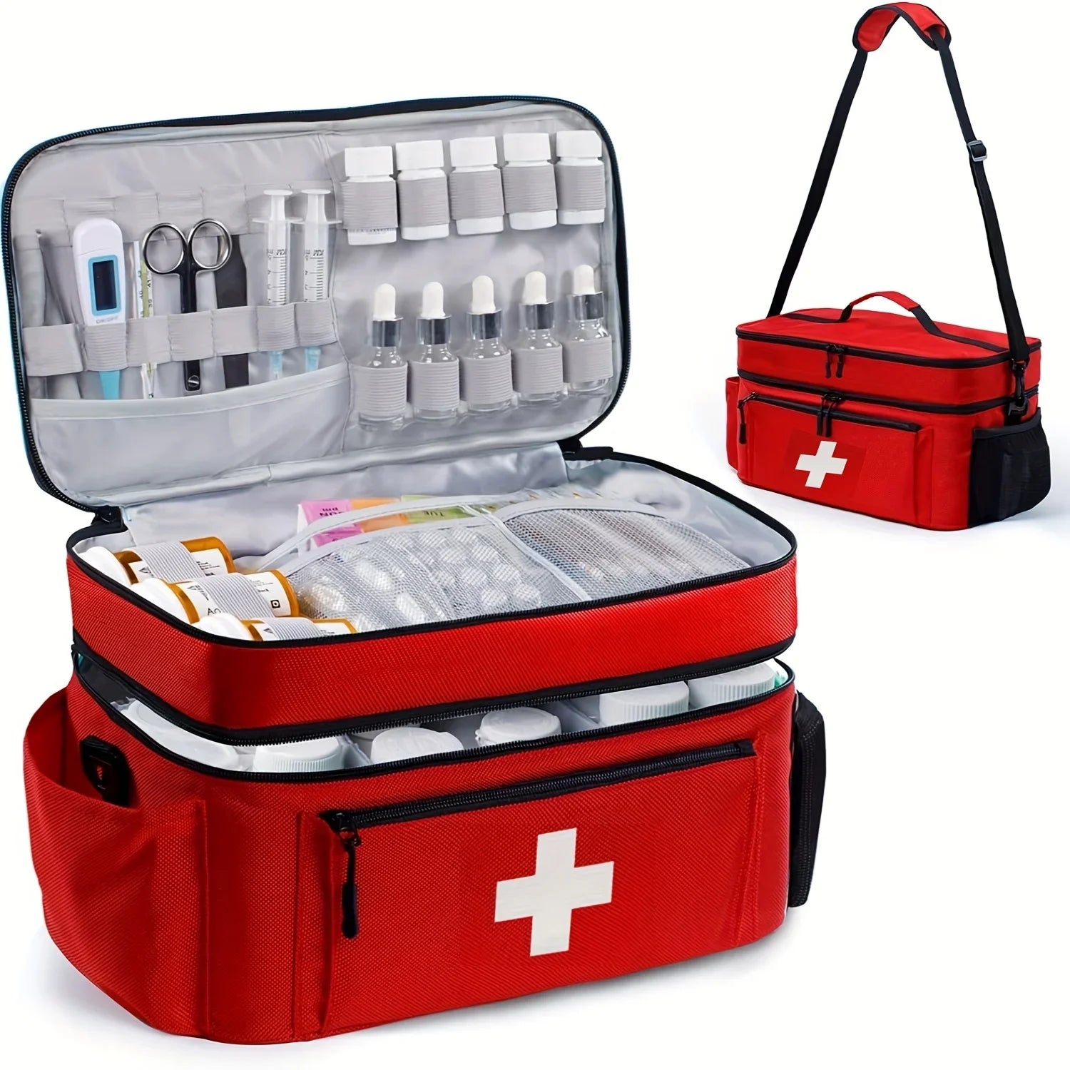 Double-layered Travel Medicine Storage Bag, Portable Emergency First Aid Kit, Large Capacity Front Pouch, Multiple Ways To Carry