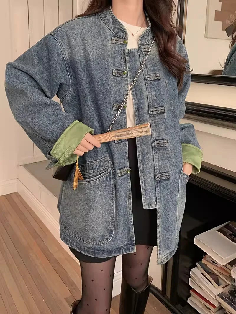 New Chinese Retro Casual Denim Jacket for Women in Spring 2024 Unique Chic Hong Kong Style fat and Slim Cardigan top for Women