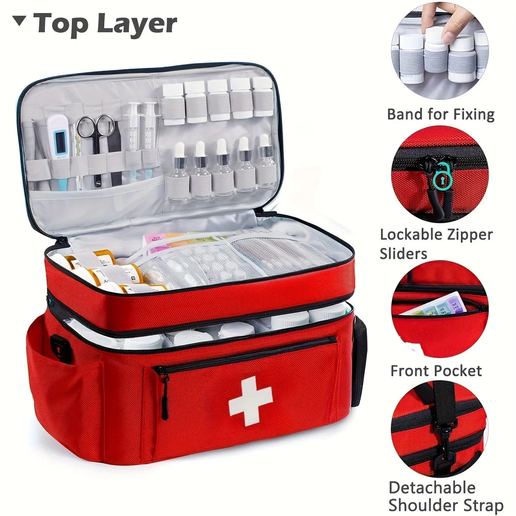 Double-layered Travel Medicine Storage Bag, Portable Emergency First Aid Kit, Large Capacity Front Pouch, Multiple Ways To Carry
