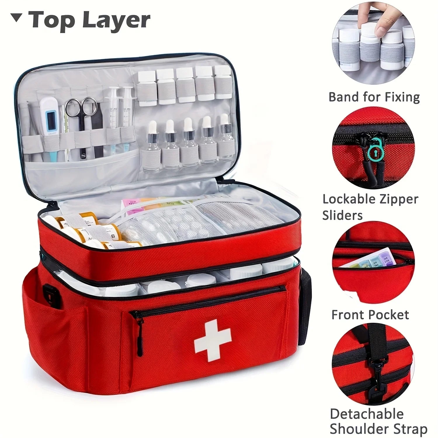 Double-layered Travel Medicine Storage Bag, Portable Emergency First Aid Kit, Large Capacity Front Pouch, Multiple Ways To Carry