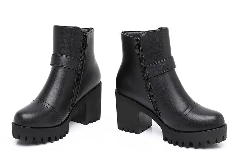 8cm Small Size 32-43 Thick Bottom Motorcycle Boots Women Shoes Winter 2026 Block High Heels Soft Leather Ankle Boots Office Mom