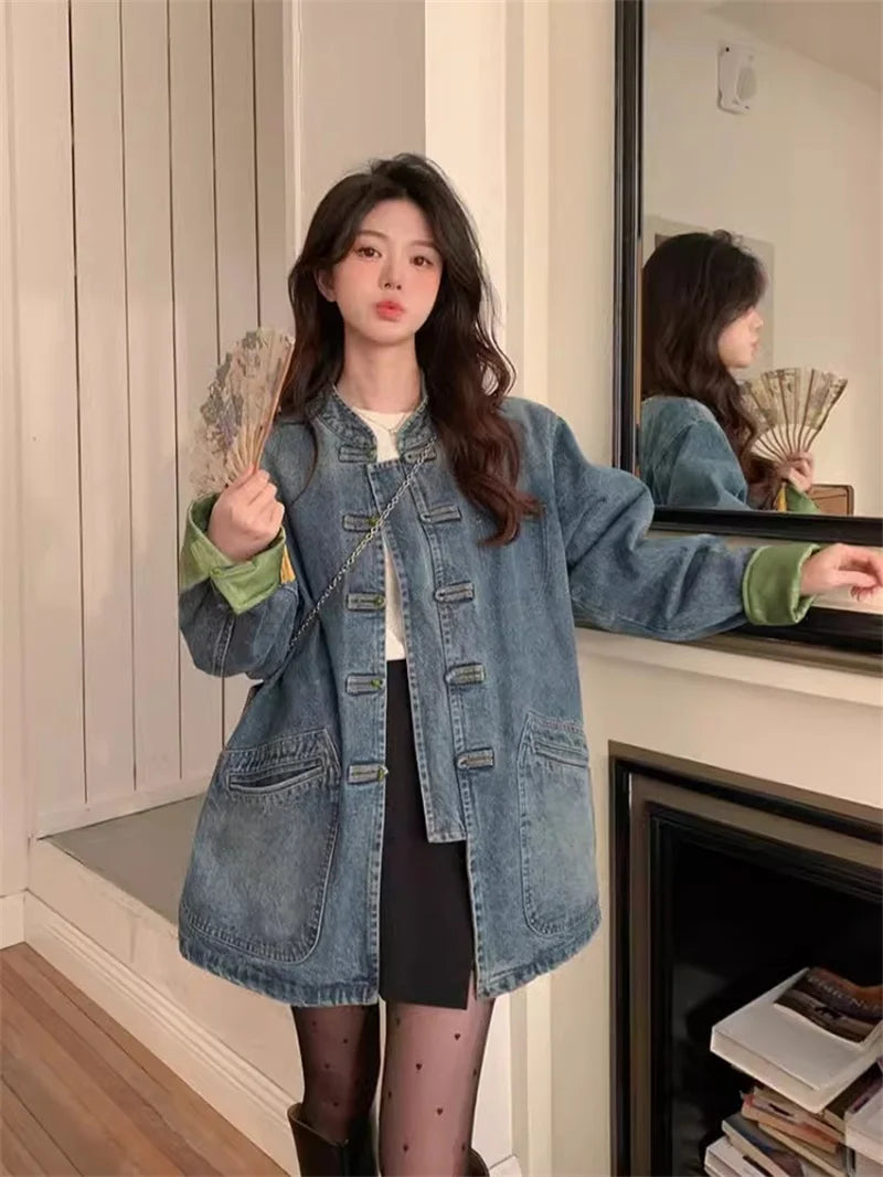New Chinese Retro Casual Denim Jacket for Women in Spring 2024 Unique Chic Hong Kong Style fat and Slim Cardigan top for Women
