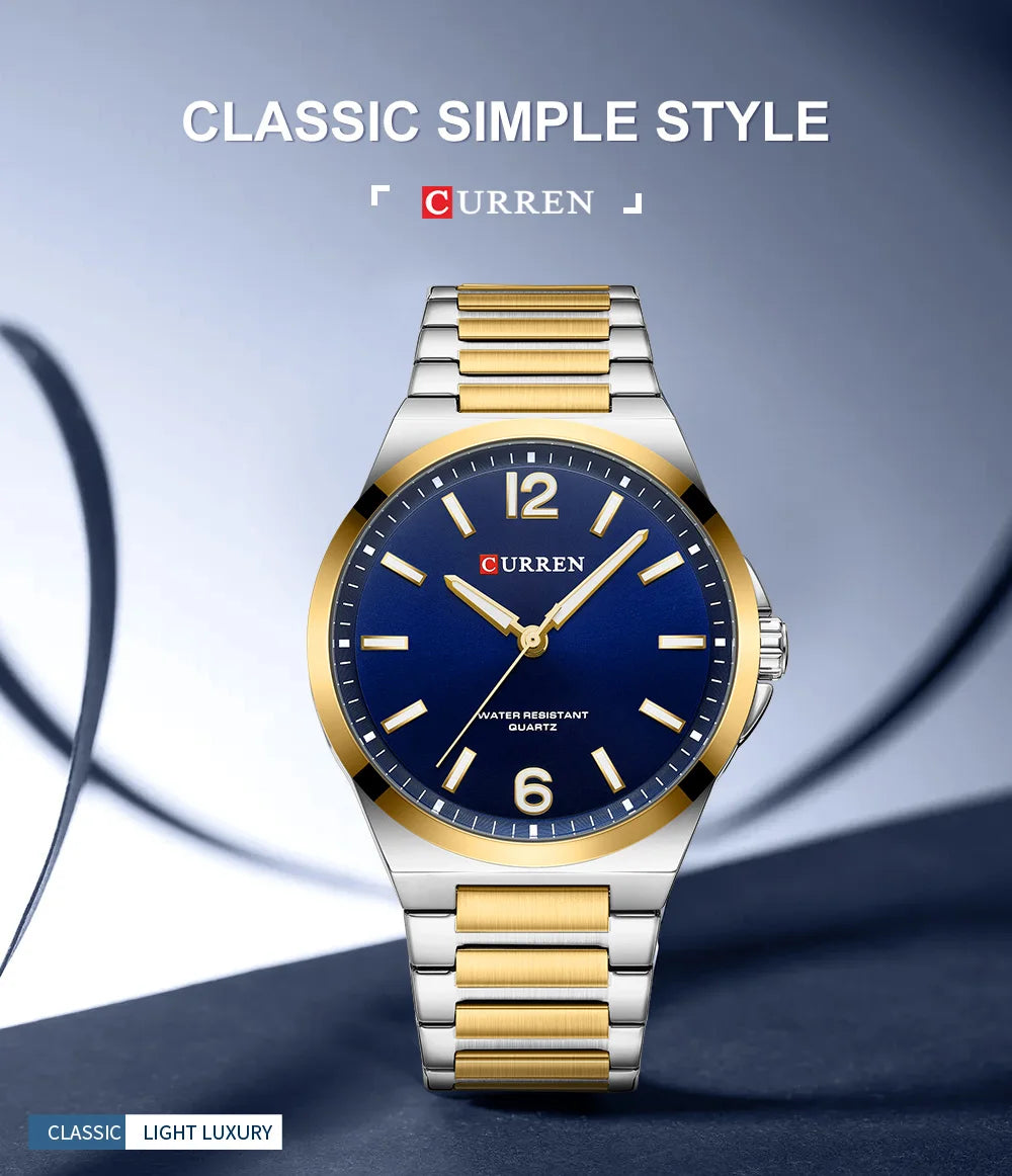 CURREN Luxury Minimalist Men's Watch Two Tone Golden Stainless Steel Business Quartz Wristwatch Simple Dress Clock Male