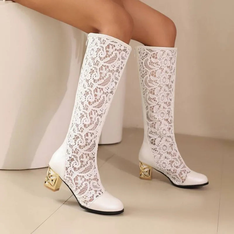 Spring and Autumn New Style Fashion square Heel Mesh Hollow Women's Boots Sweet Breathable knee high boots high 5.5cm size 34-47