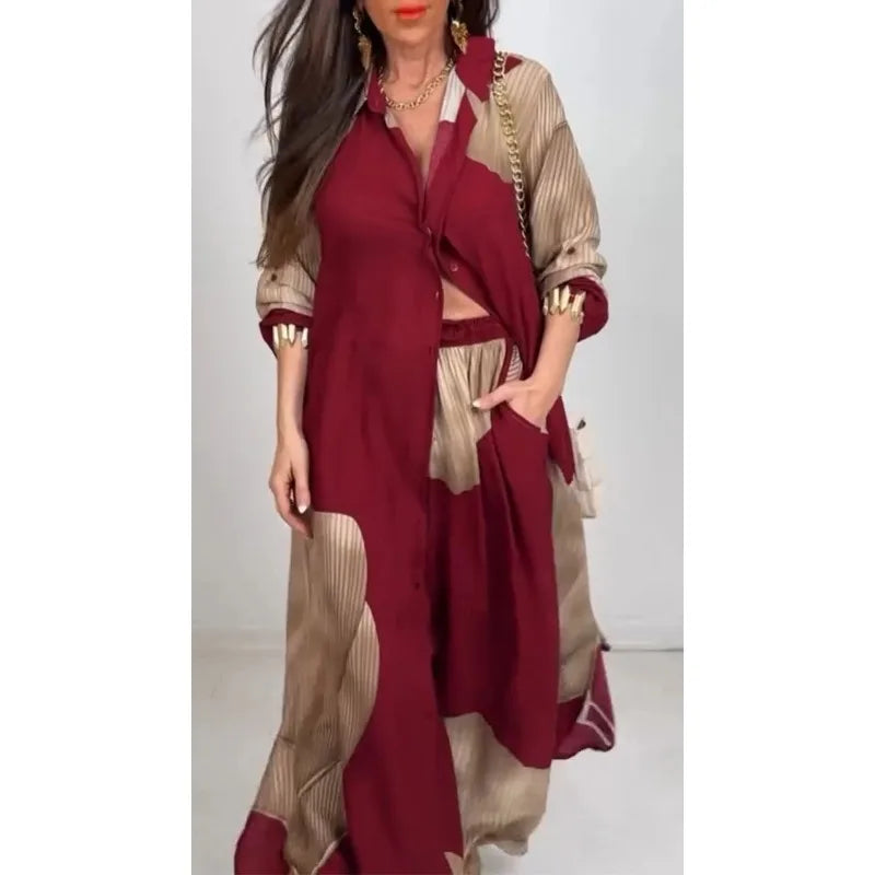 Chic Printed Shirt & Wide Leg Pants Set – Casual Two-Piece Outfit for Wome